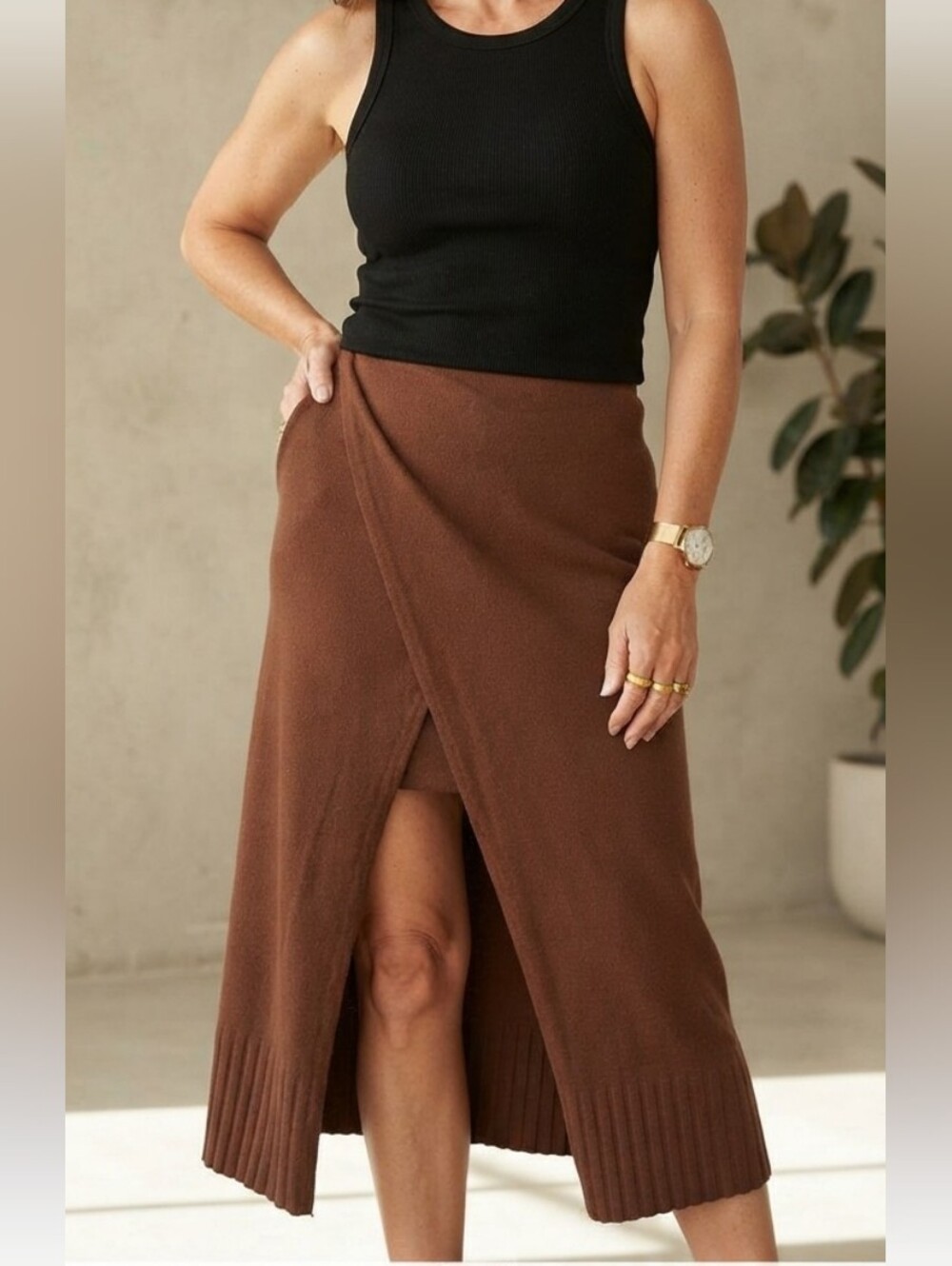 7 For All Mankind Brown Wrap Knit Maxi Skirt